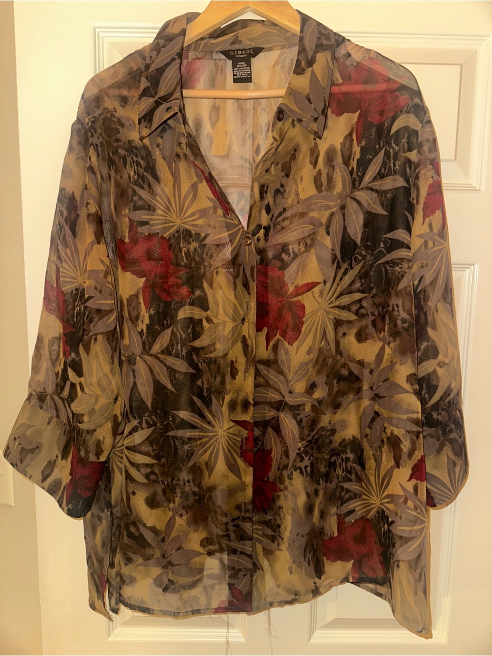George Sheer Floral Button-Down Blouse in Tan, Red, Gray - NWOT - 26W/28W